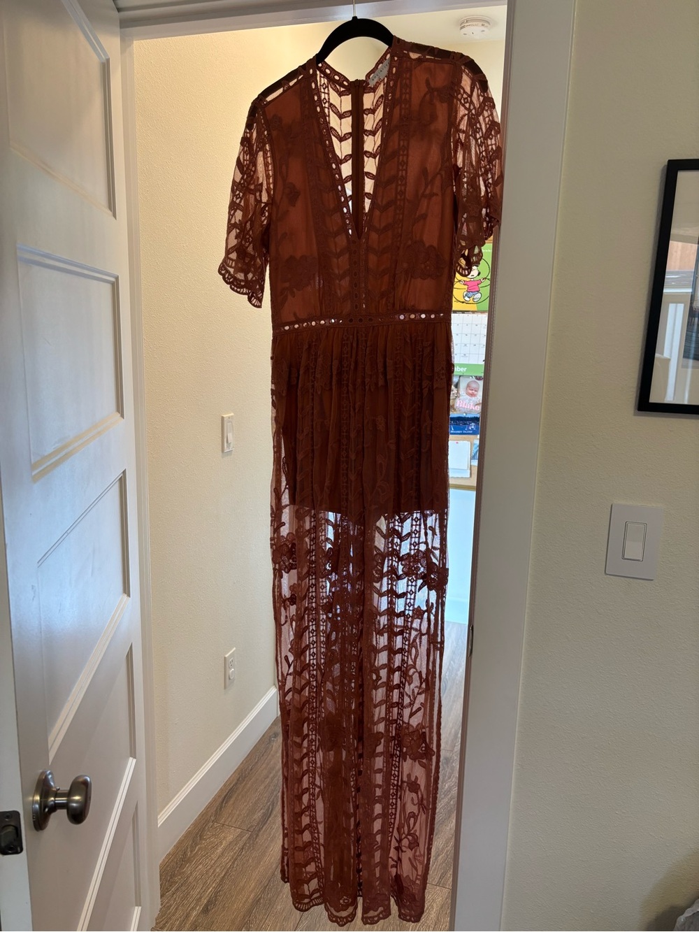 Socialite Rust Lace Maxi Dress/Romper with V-Neck & Sheer Panels